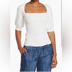 Nicole Miller Collection White Ribbed Square Neck Puff Sleeve Top Sz Small